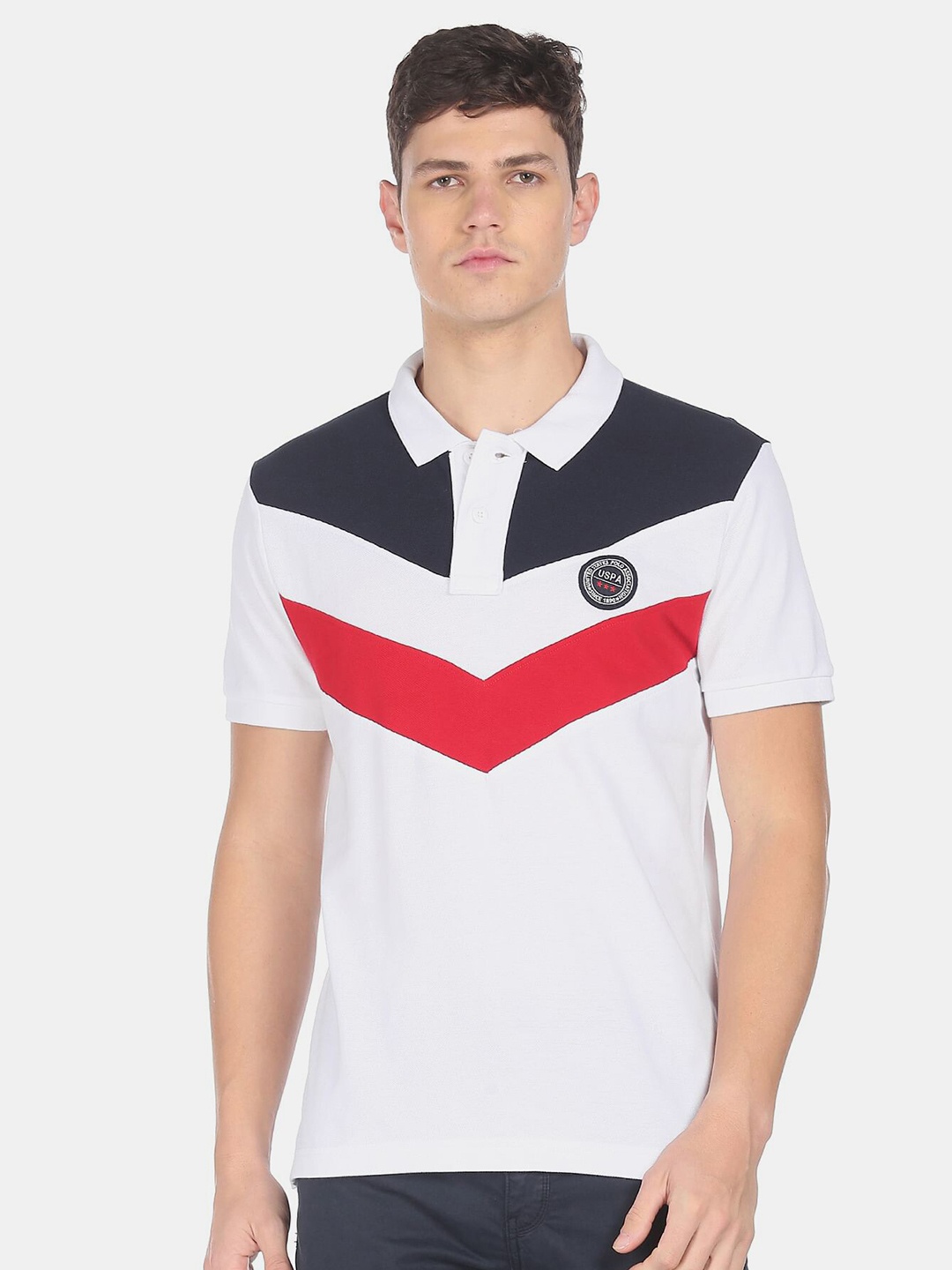 

U S Polo Assn Men White & Red Colourblocked Polo Collar Pure Cotton T-shirt