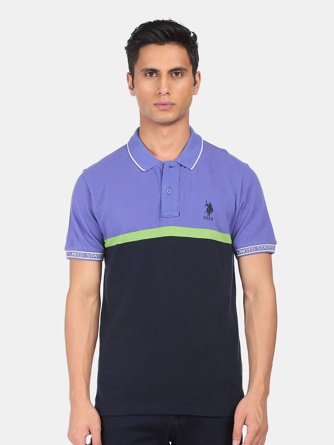 

U S Polo Assn Men Purple & Black Colourblocked Polo Collar Pure Cotton T-shirt