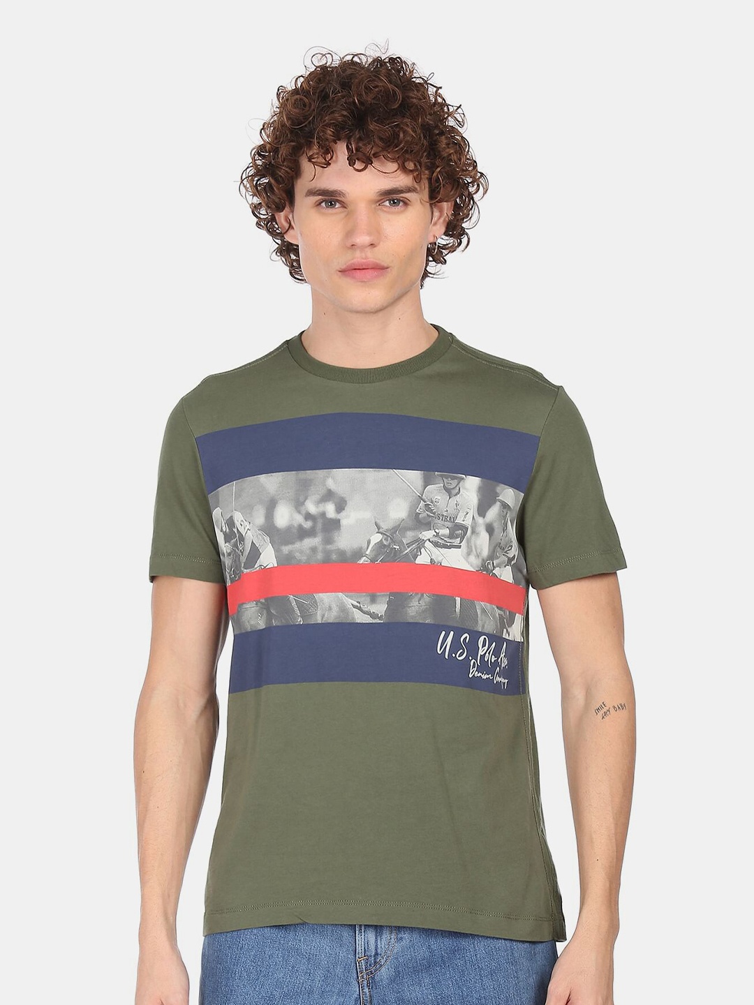 

U.S. Polo Assn. Denim Co. Men Olive Green Printed Cotton T-shirt