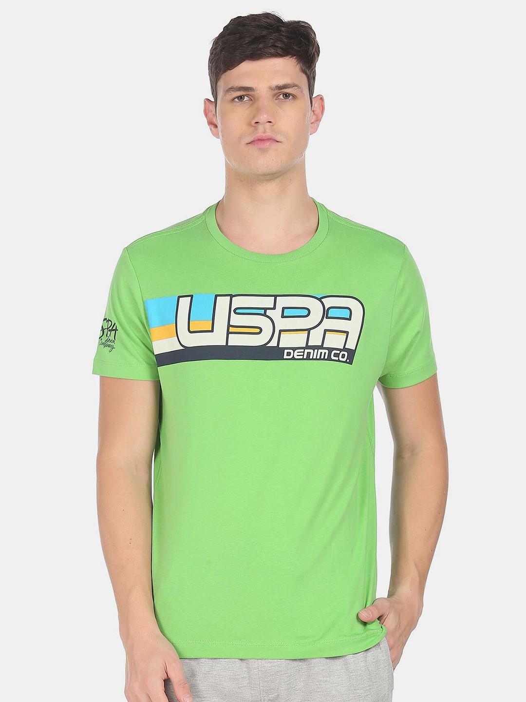 

U.S. Polo Assn. Denim Co. Men Green & White Typography Printed Pure Cotton T-shirt