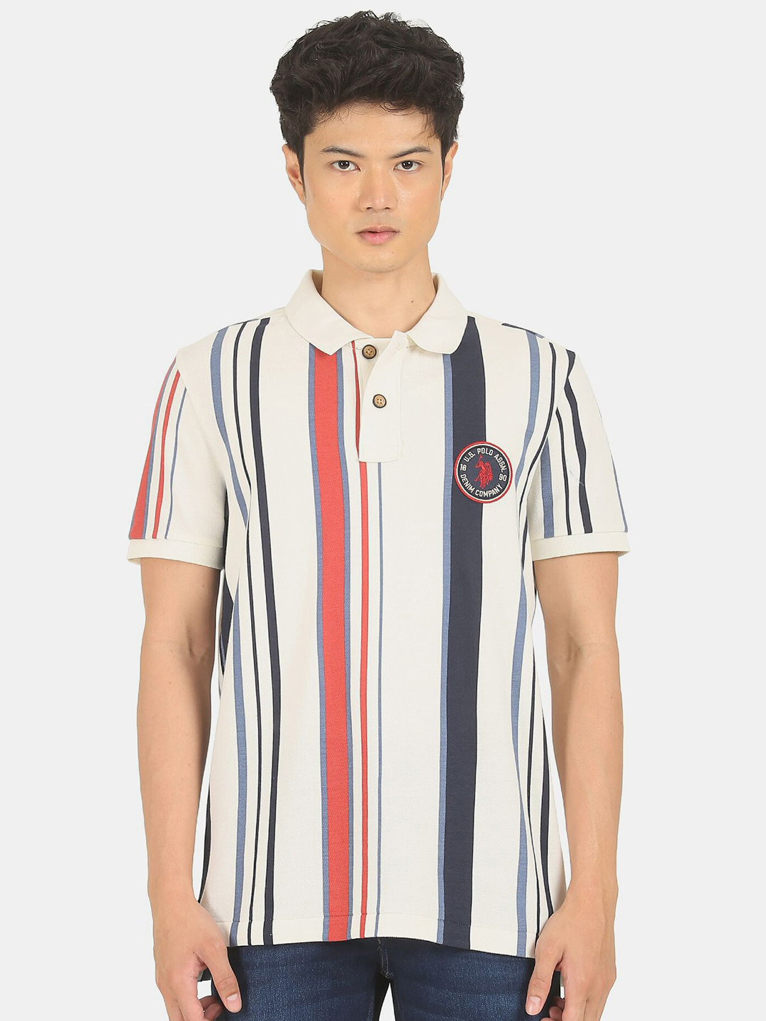 

U.S. Polo Assn. Denim Co. Men White & Grey Striped Polo Collar Pure Cotton T-shirt