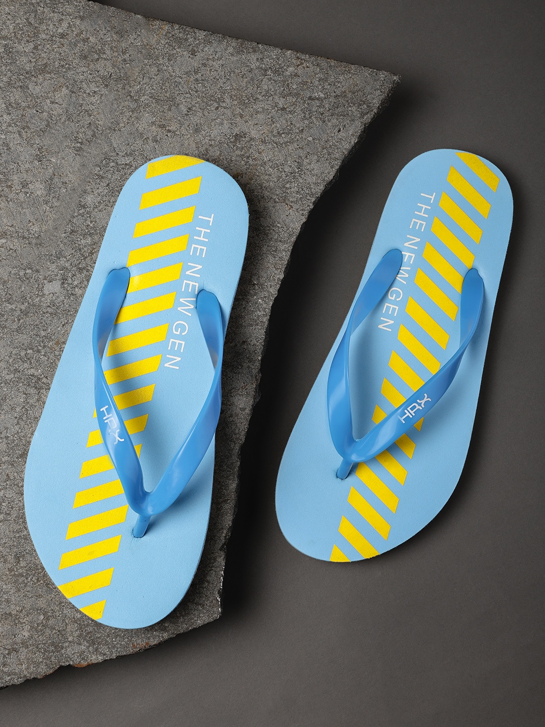 HRX by Hrithik Roshan Men Blue & Yellow Striped Thong Flip-Flops