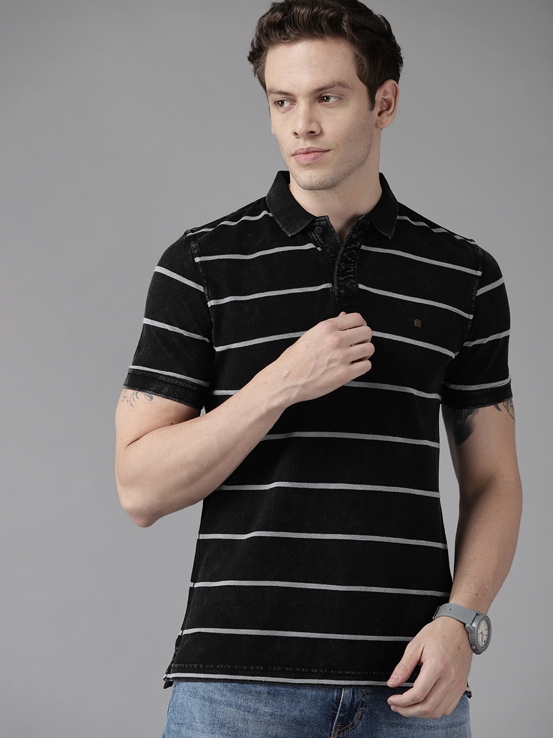 

VAN HEUSEN DENIM LABS Men Black & Grey Striped Polo Collar Slim Fit T-shirt