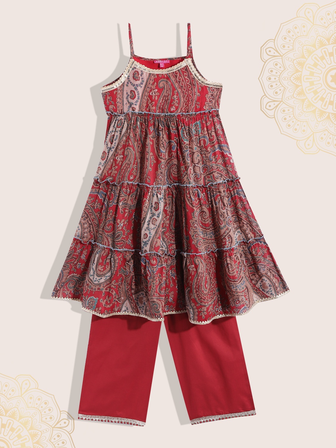 

Biba Girls Maroon Printed Tiered Pure Cotton Kurta with Palazzos