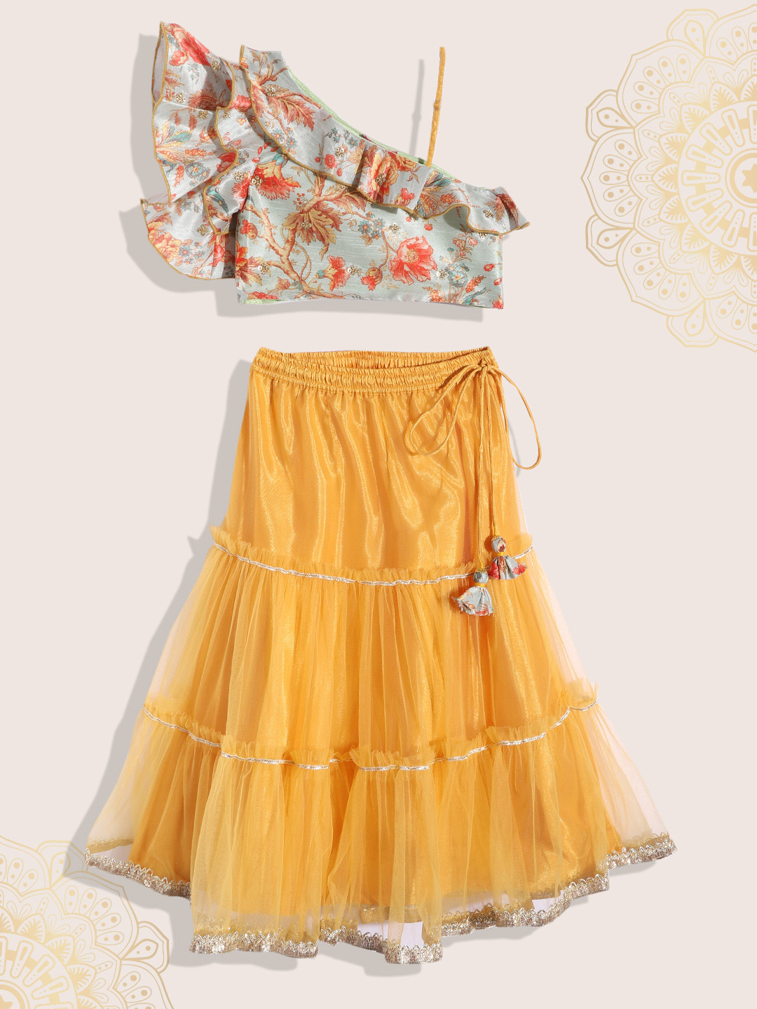 

Biba Girls Sage Green & Yellow Floral Print Ready to Wear Lehenga & Blouse