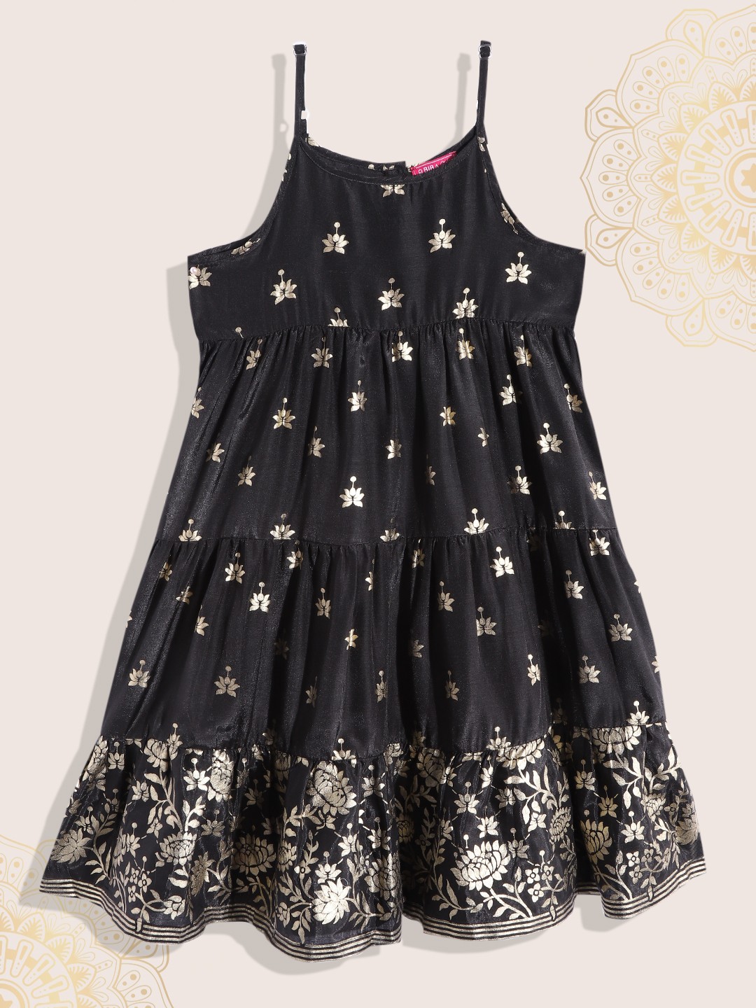 

Biba Girls Black & Gold-Toned Floral Print Anarkali Kurta
