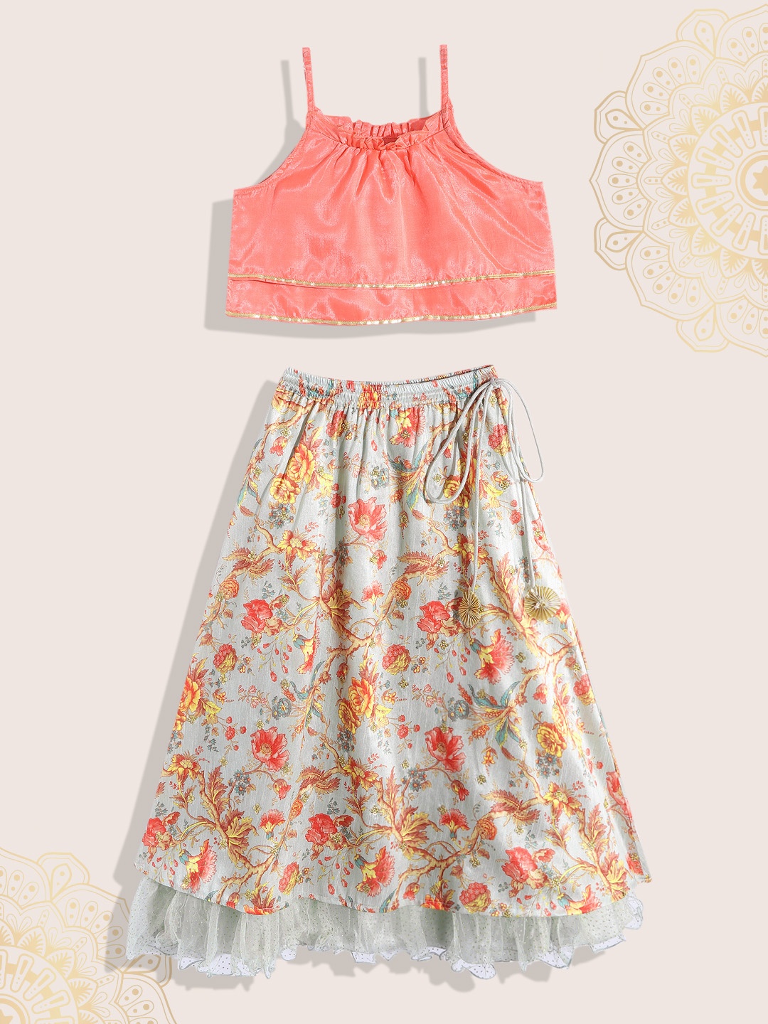 

Biba Girls Coral Pink & Sage Green Floral Print Layered Ready to Wear Lehenga & Blouse