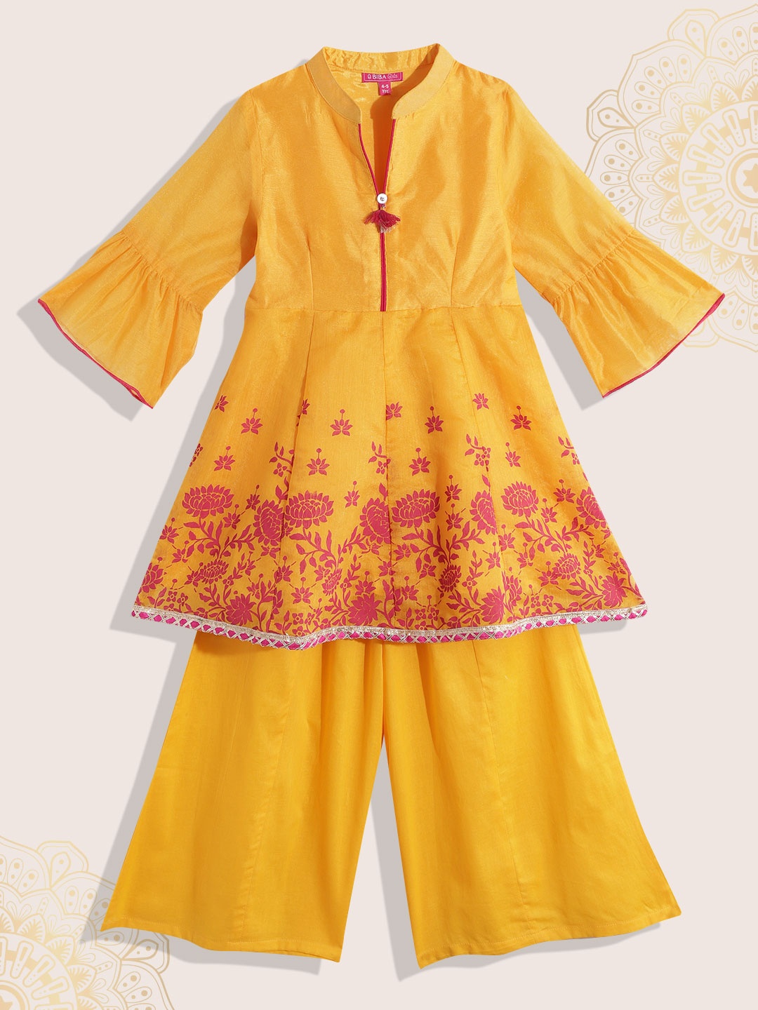 

Biba Girls Floral Printed Gotta Patti Detail Empire Style A-Line Kurta with Palazzos, Yellow