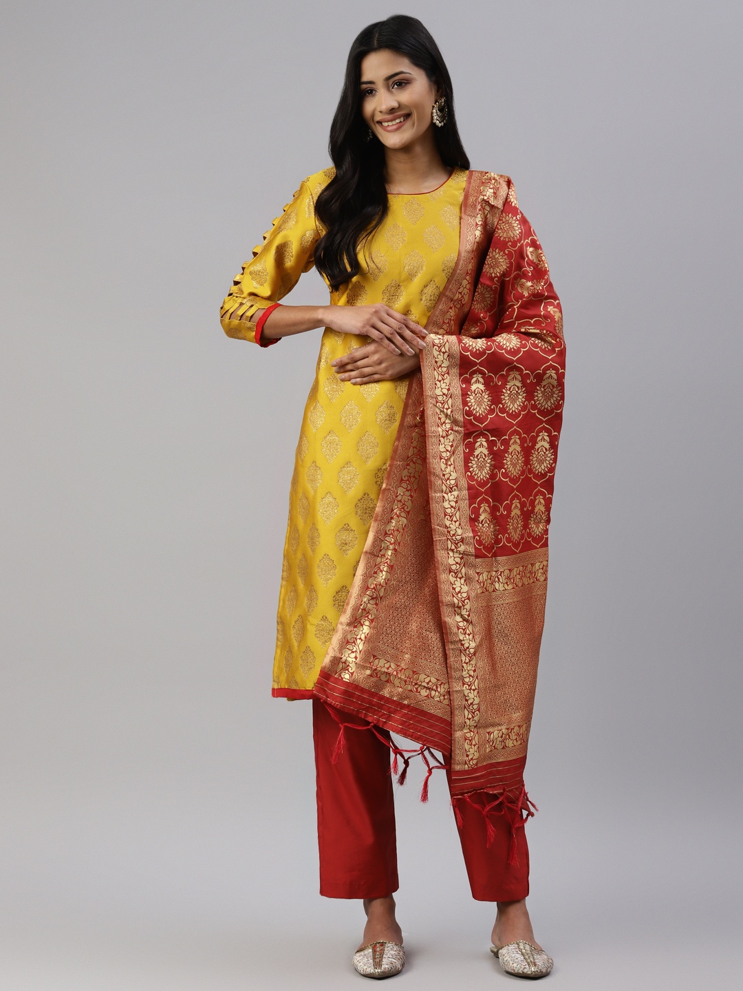 

Readiprint Fashions Women Mustard Yellow & Red Raw Silk Unstitched Dress Material