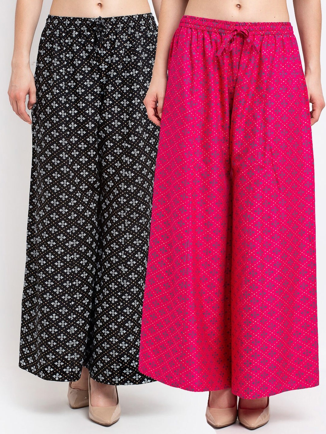 

Jinfo Women Black & Pink Set Of 2 Printed Flared Knitted Ethnic Palazzos
