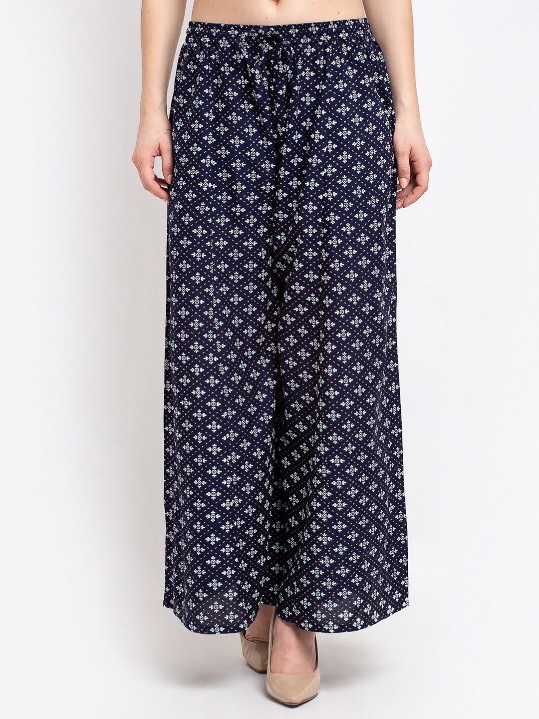 

Jinfo Women Navy Blue Floral Printed Flared Ethnic Palazzos