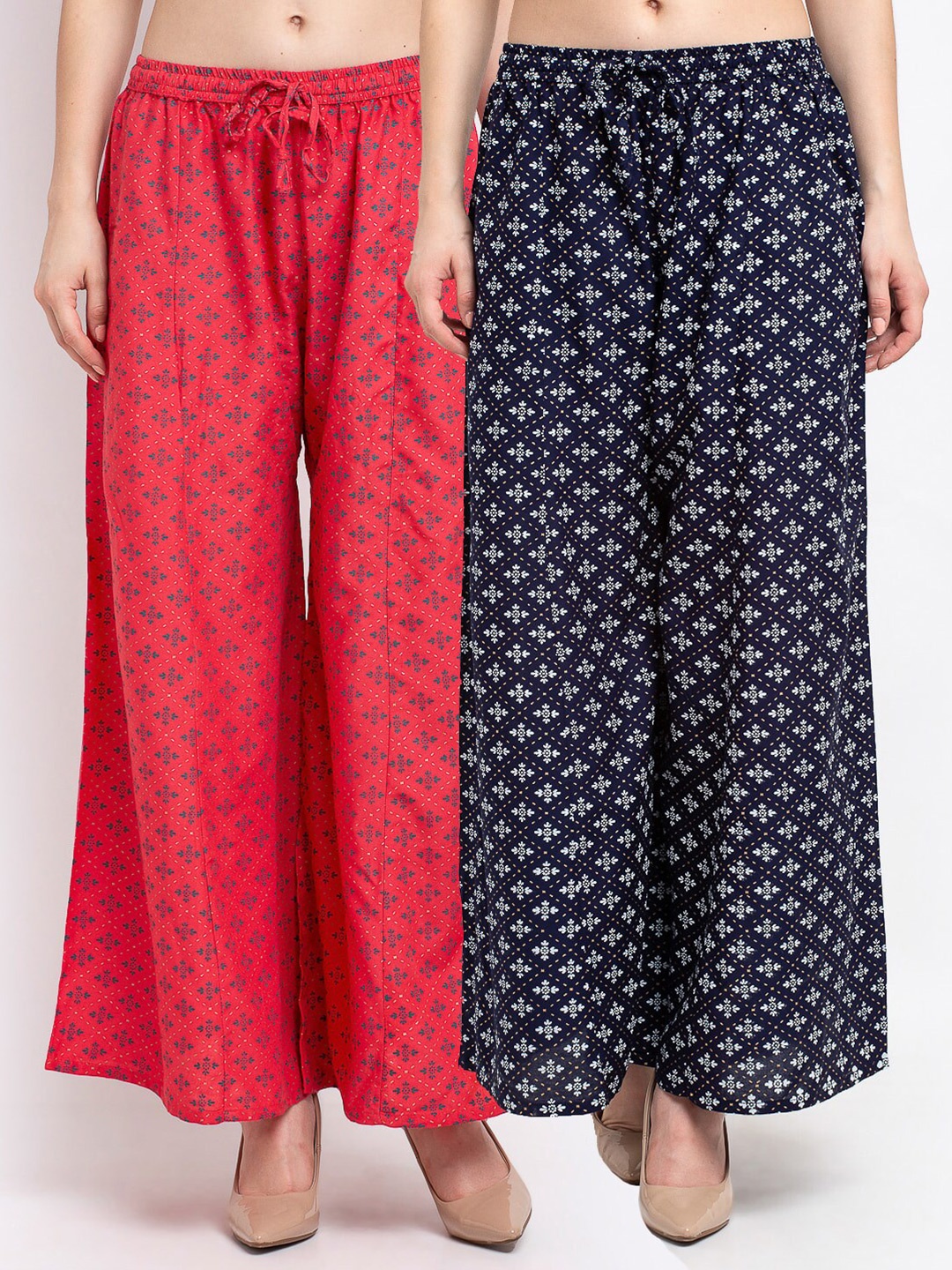 

Jinfo Women Pink & Navy Blue Set Of 2 Ethnic Motifs Printed Flared Knitted Palazzos