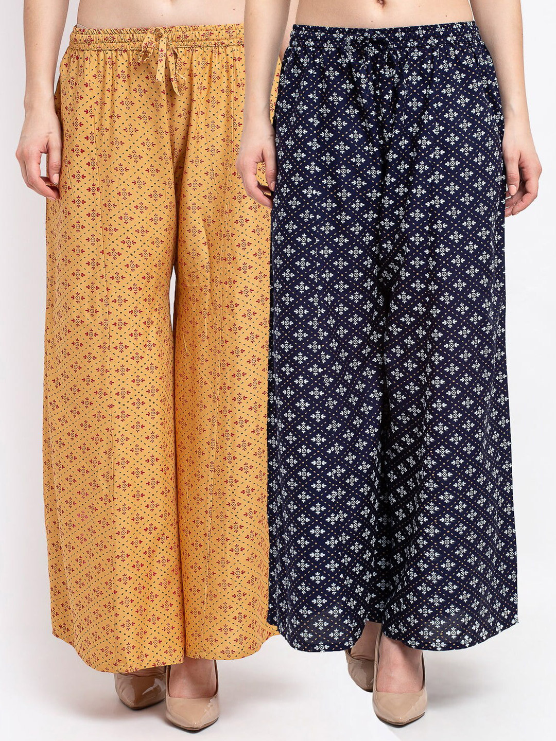 

Jinfo Women Beige & Navy Blue Ethnic Motifs Printed Flared Ethnic Palazzos Set Of 2