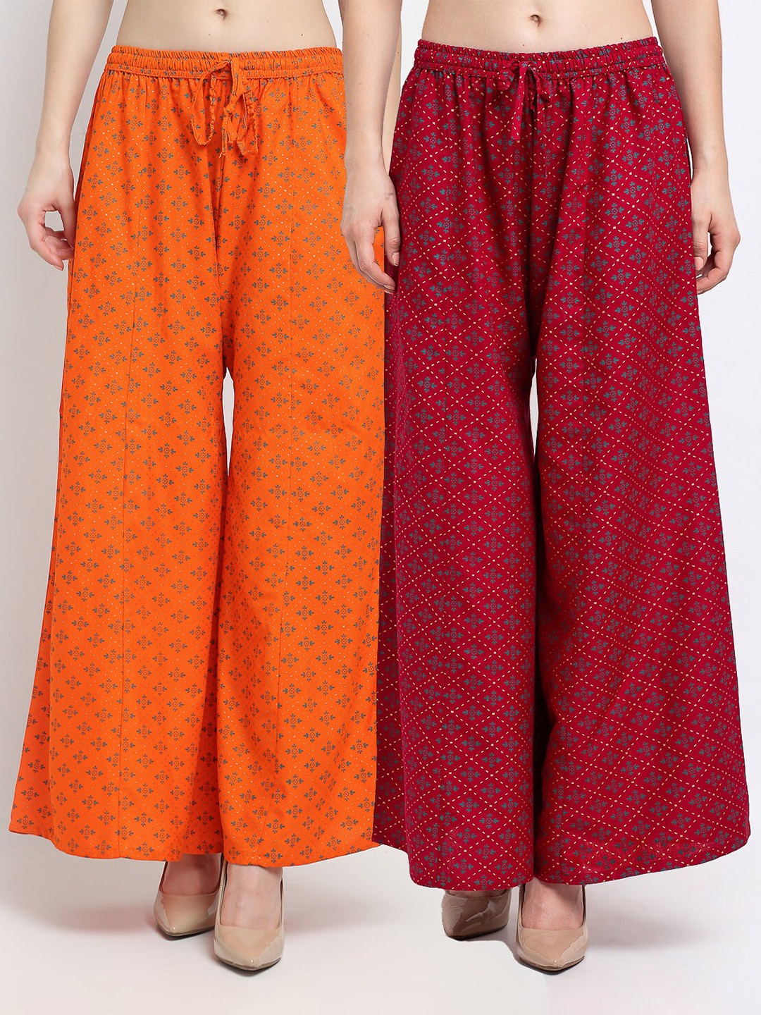 

Jinfo Women Pack of 2 Orange & Maroon Ethnic Motifs Printed Flared Knitted Ethnic Palazzos