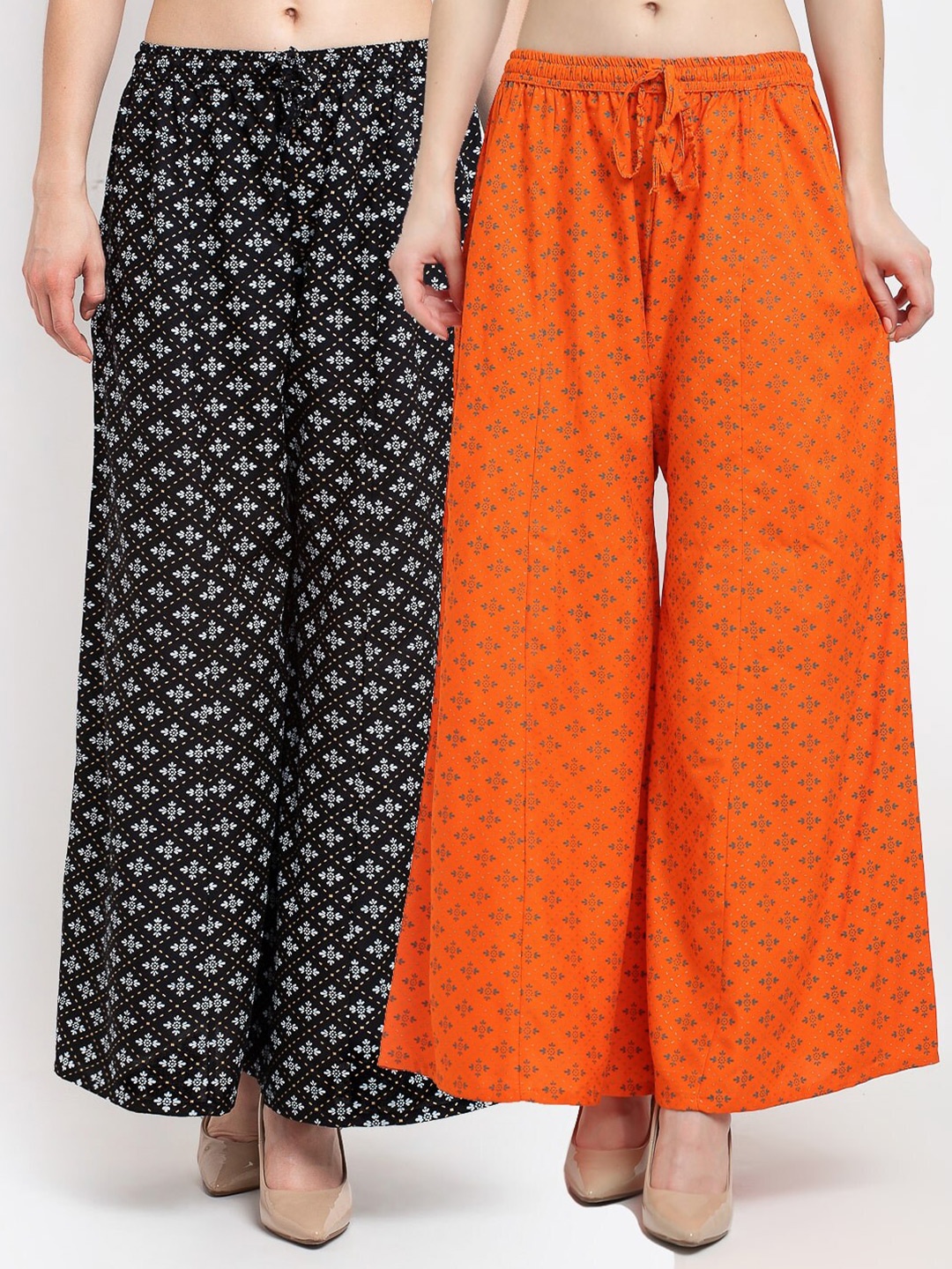 

Jinfo Women Black & Orange Pack Of 2 Floral Printed Flared Fit Palazzos