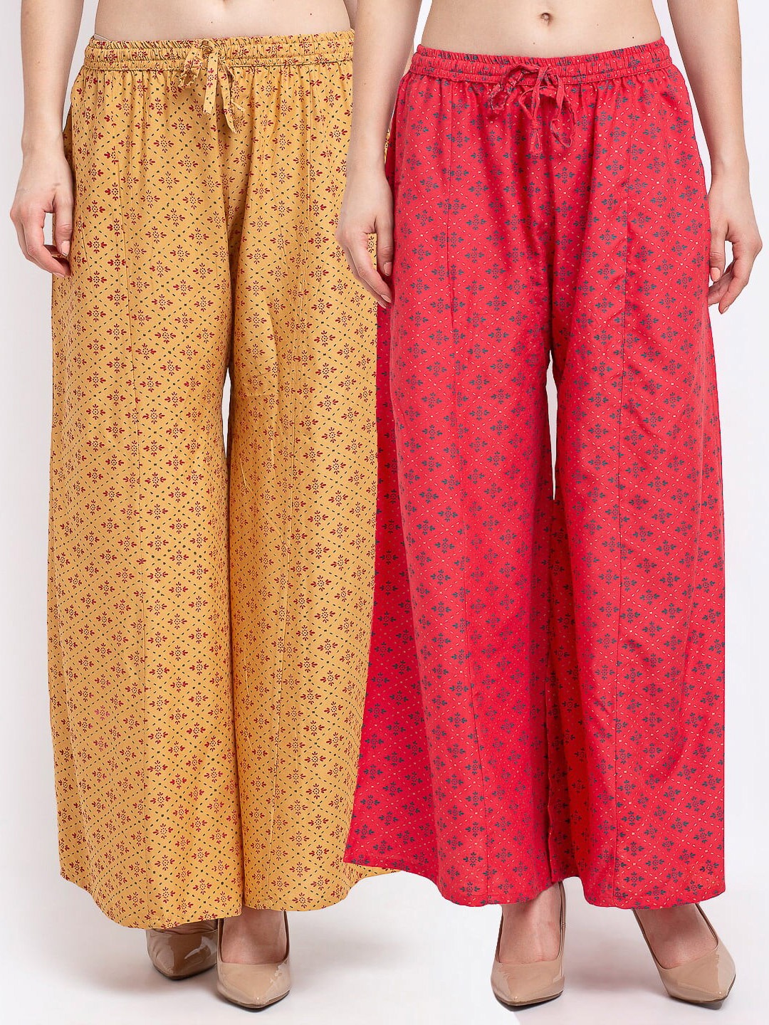 

Jinfo Women Beige & Red Set Of 2 Ethnic Motifs Printed Flared Knitted Palazzos