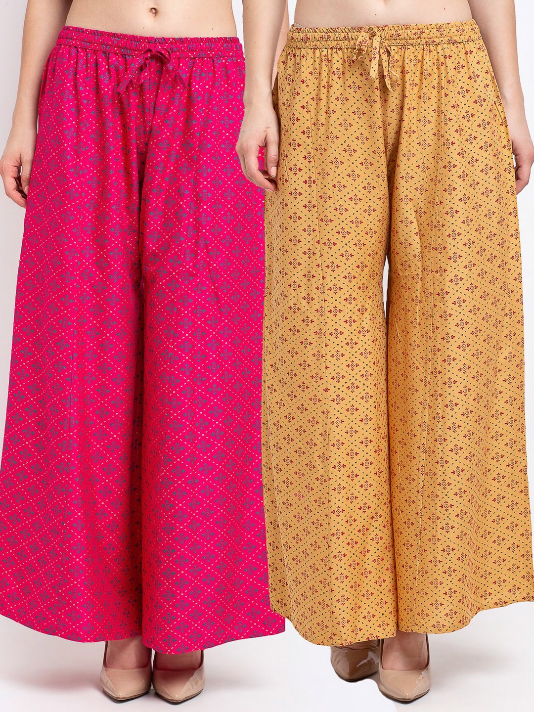 

Jinfo Women Pack of 2 Pink & Beige Ethnic Motifs Printed Flared Knitted Ethnic Palazzos