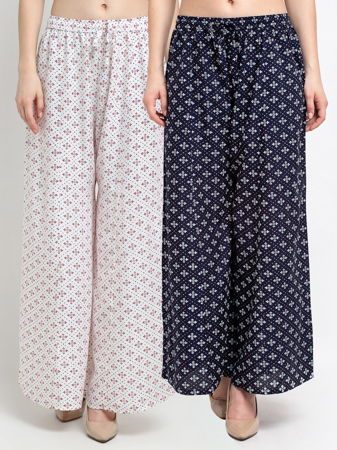 

Jinfo Women White & Navy Blue Set Of 2 Ethnic Motifs Printed Flared Ethnic Palazzos