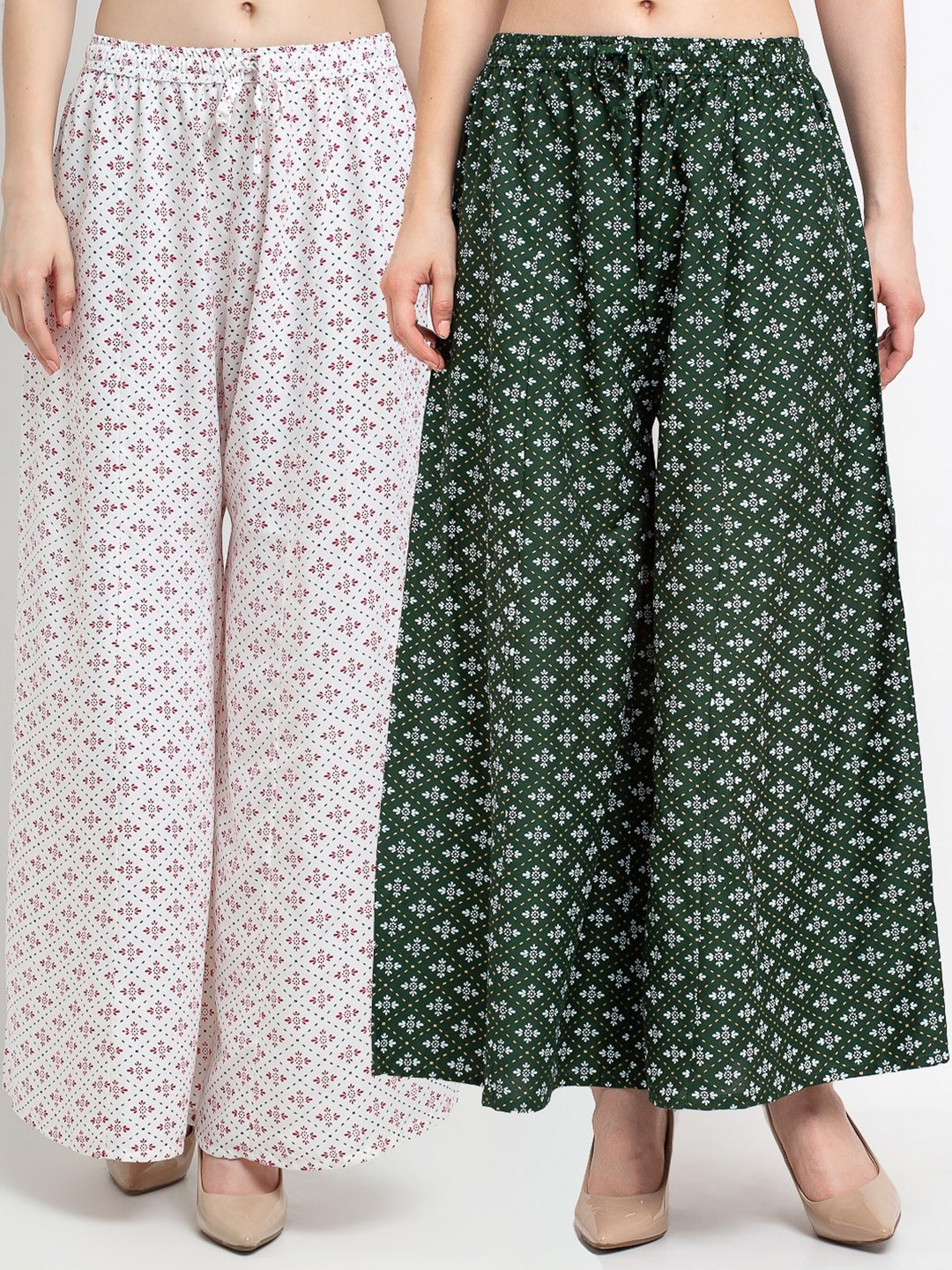 

Jinfo Women White & Green Set Of 2 Printed Flared Ethnic Palazzos