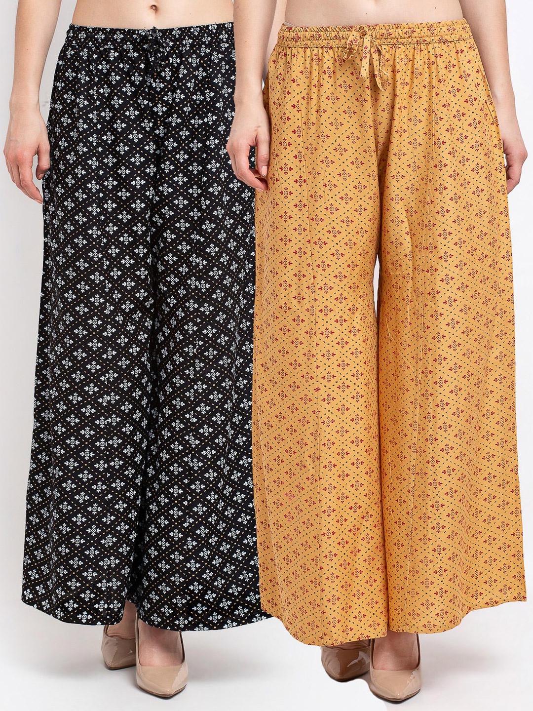 

Jinfo Women Black & Beige Set Of 2 Printed Flared Knitted Palazzos