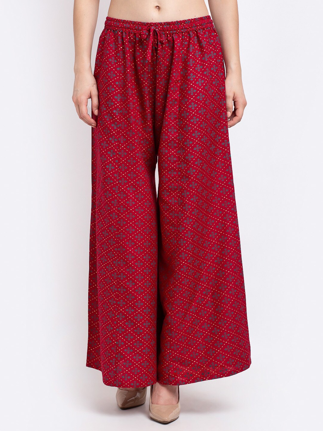 

Jinfo Women Maroon & Gold-Toned Ethnic Motifs Printed Flared Knitted Ethnic Palazzos