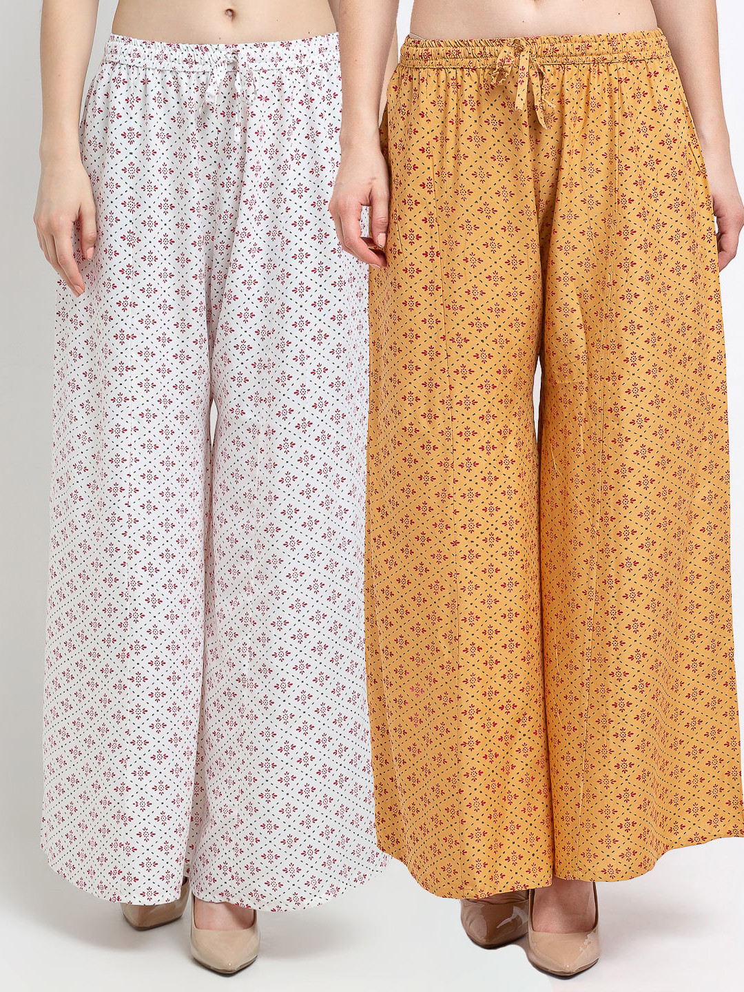 

Jinfo Women White & Tan Ethnic Motifs Printed Flared Ethnic Palazzos Set Of 2