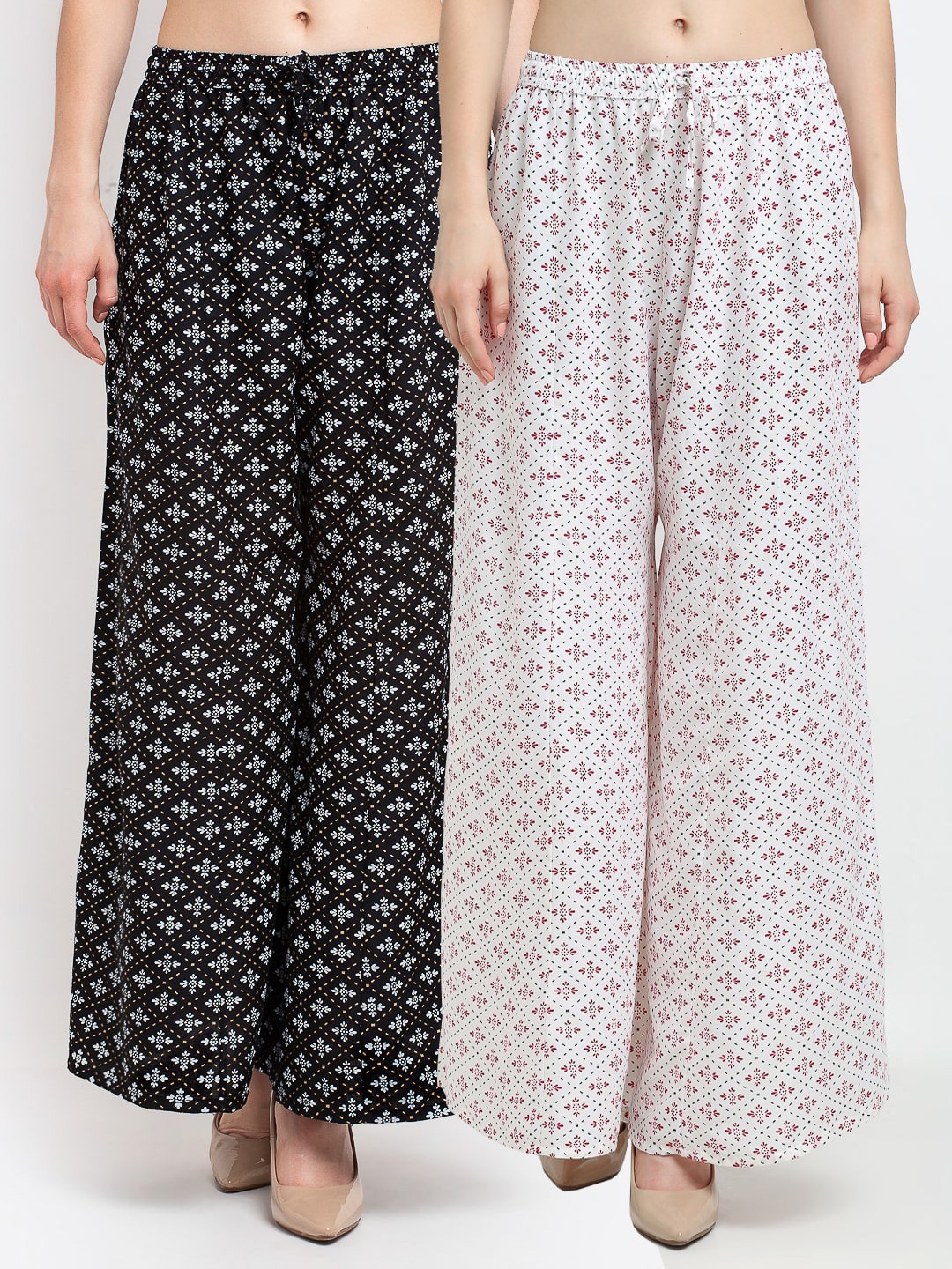 

Jinfo Women Black & White Pack of 2 Floral Printed Flared Ethnic Palazzos