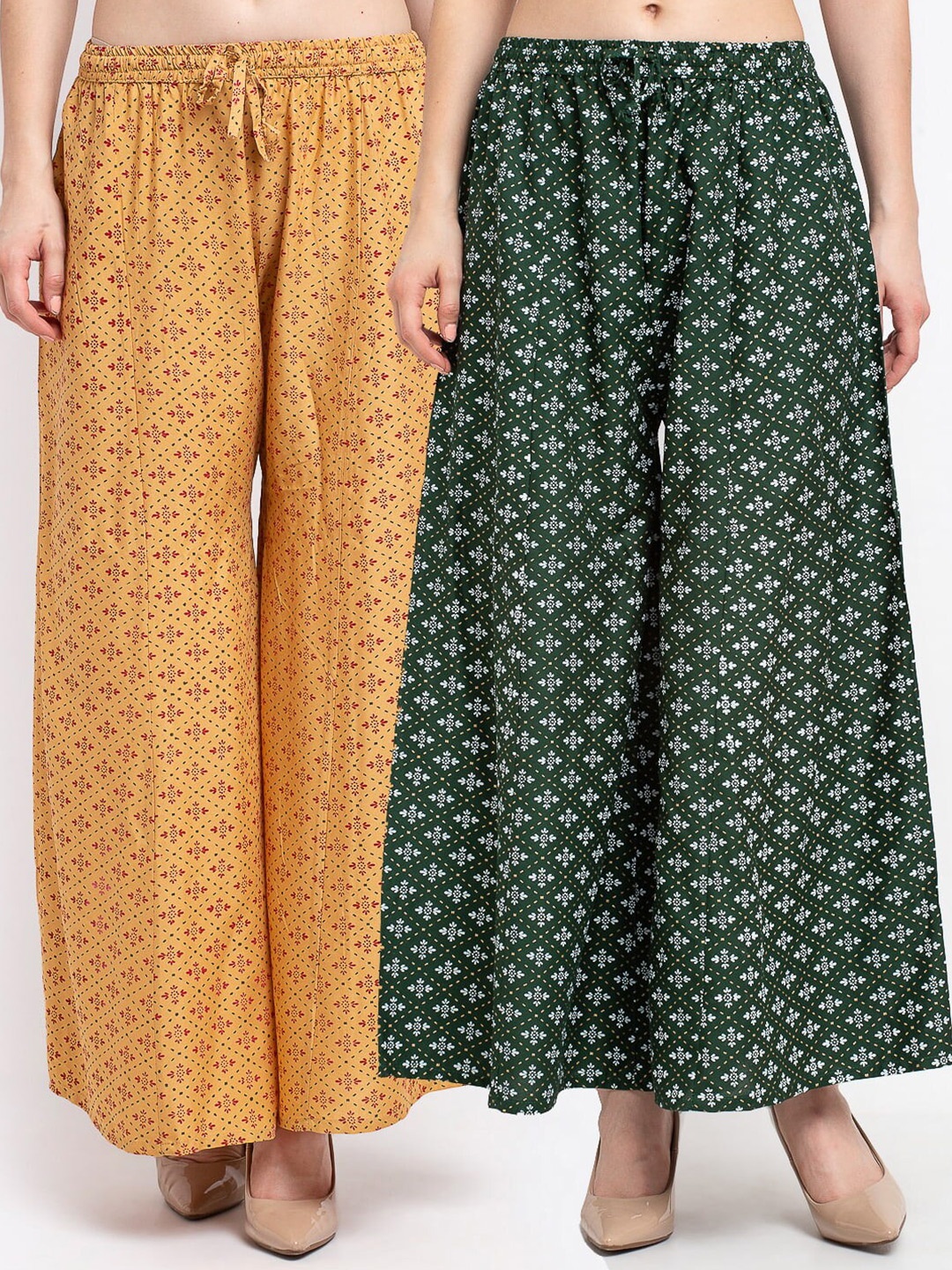 

Jinfo Women Beige & Green Pack Of 2 Floral Printed Flared Fit Palazzos