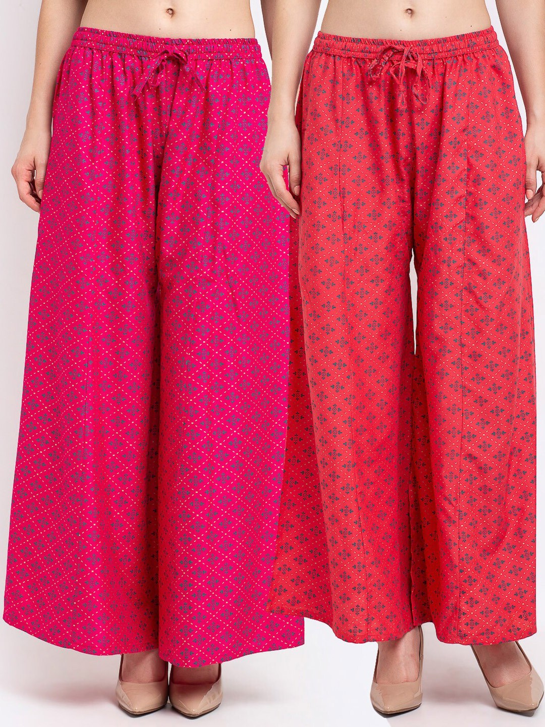 

Jinfo Women Pink & Blue Set of 2 Printed Flared Knitted Ethnic Palazzos