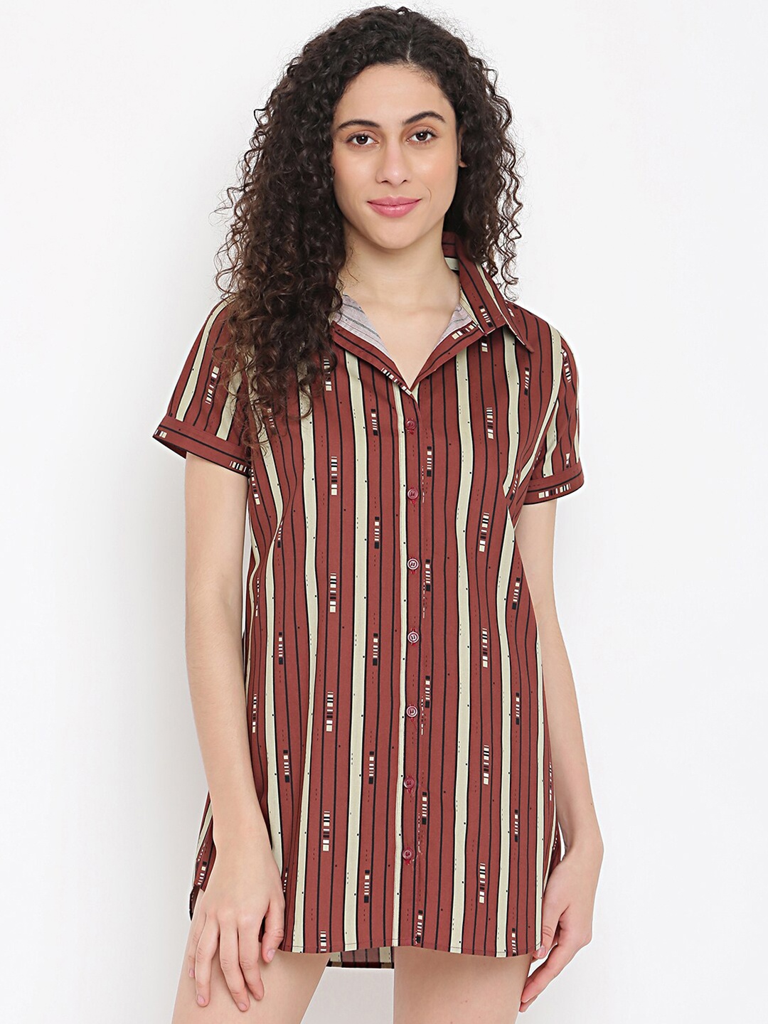 

La Intimo Women Brown & Off-White Striped Longline Pure Cotton Shirt Nightdress