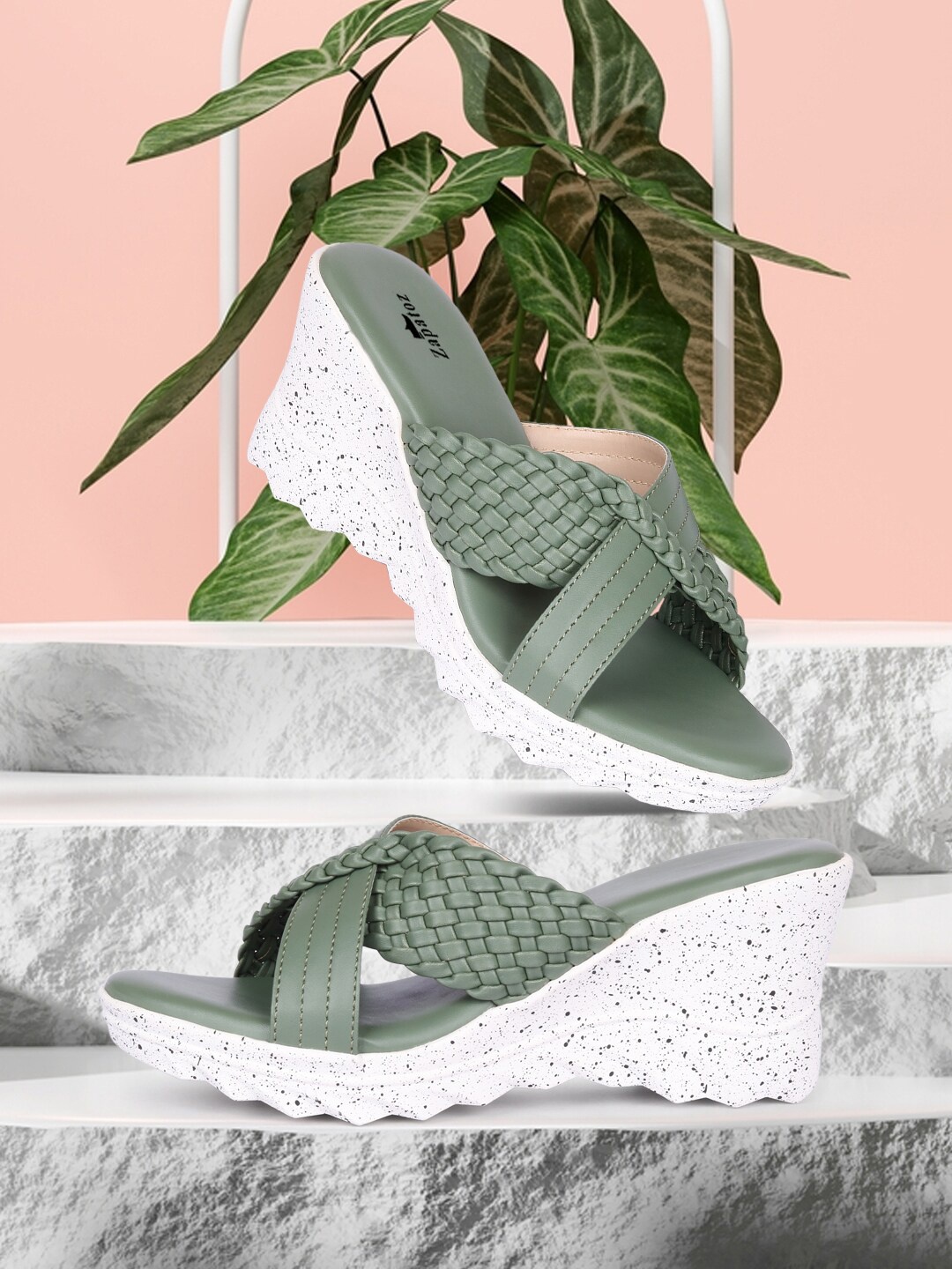 

ZAPATOZ Woman Green & White PU Wedge Sandals