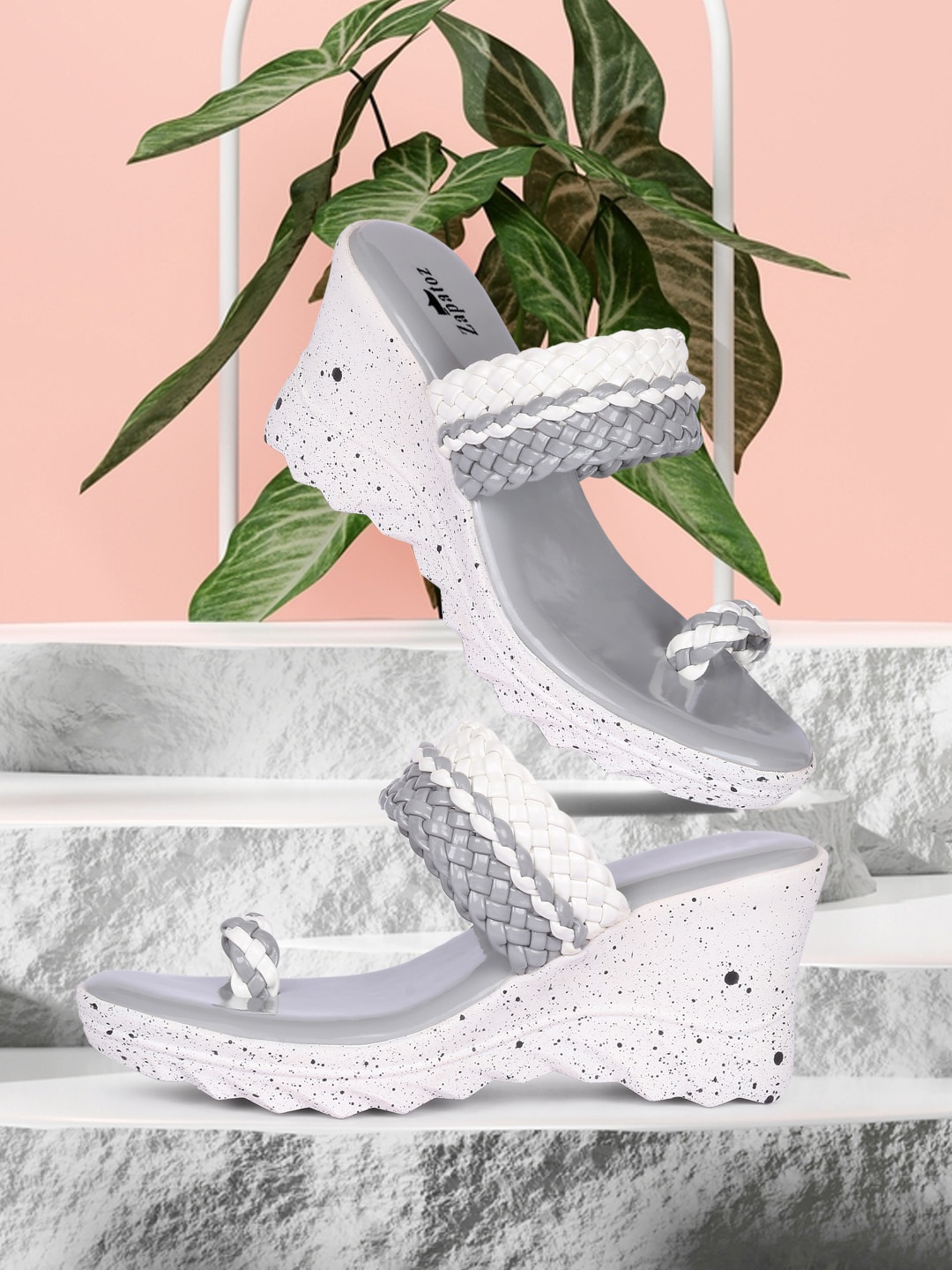 

ZAPATOZ Grey & Off-White Braided PU Wedge Heels