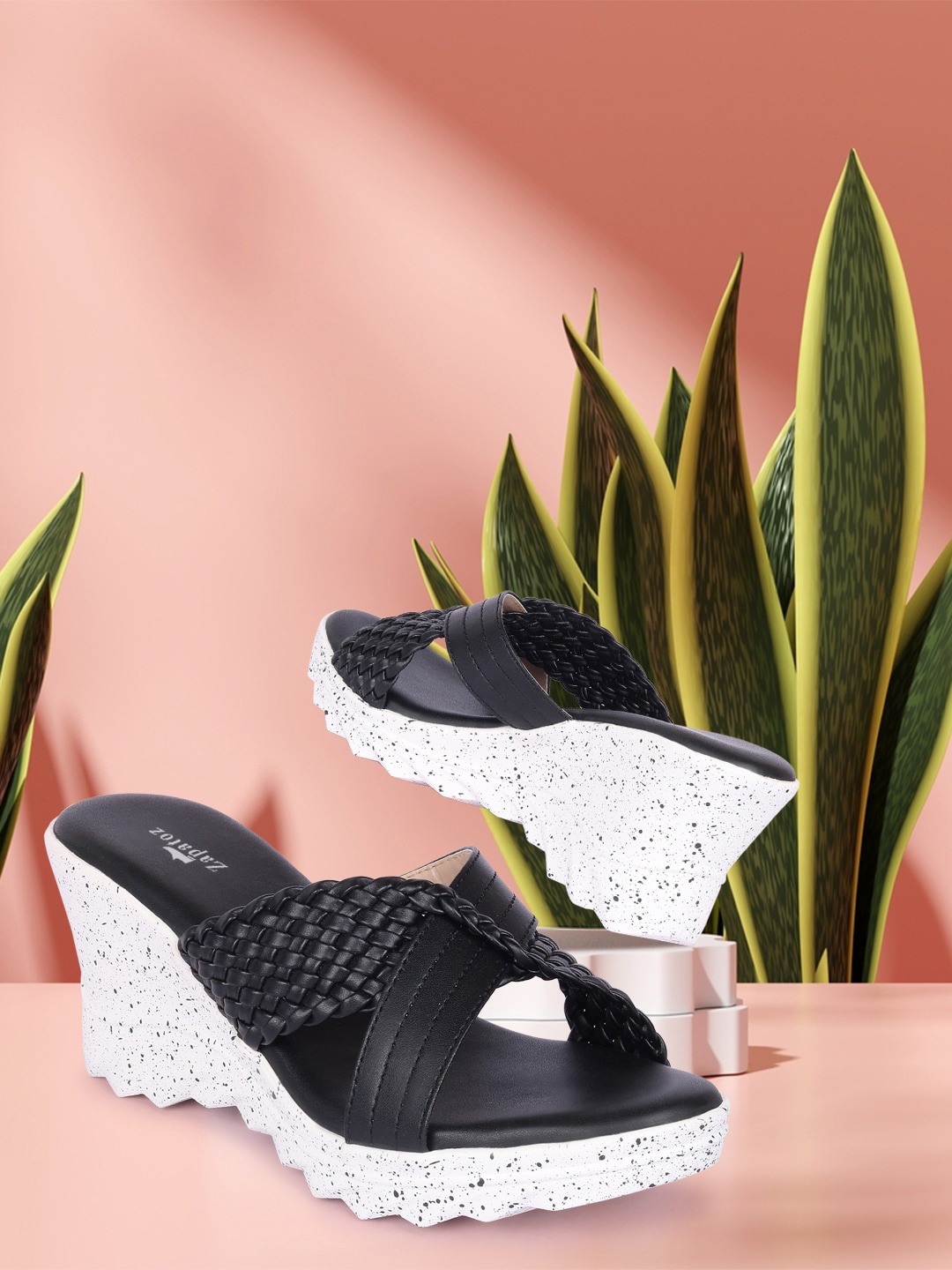 

ZAPATOZ Women Black Textured PU Wedge Sandals