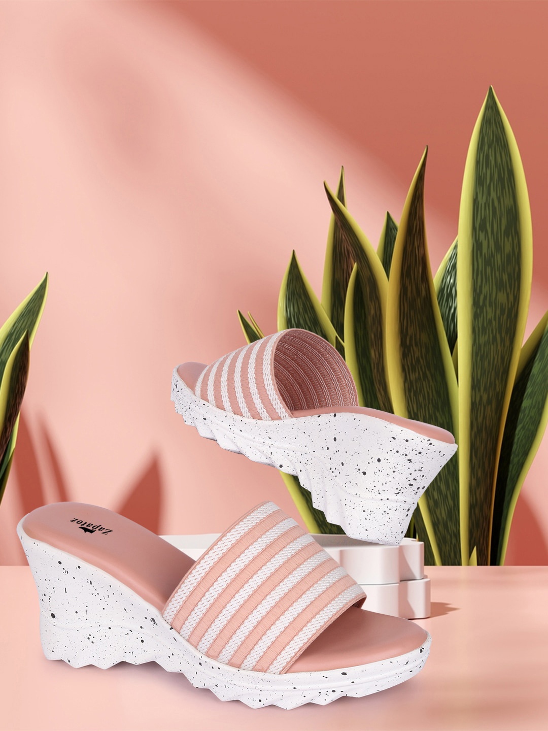 

ZAPATOZ Pink Striped PU Open-Toe Wedges