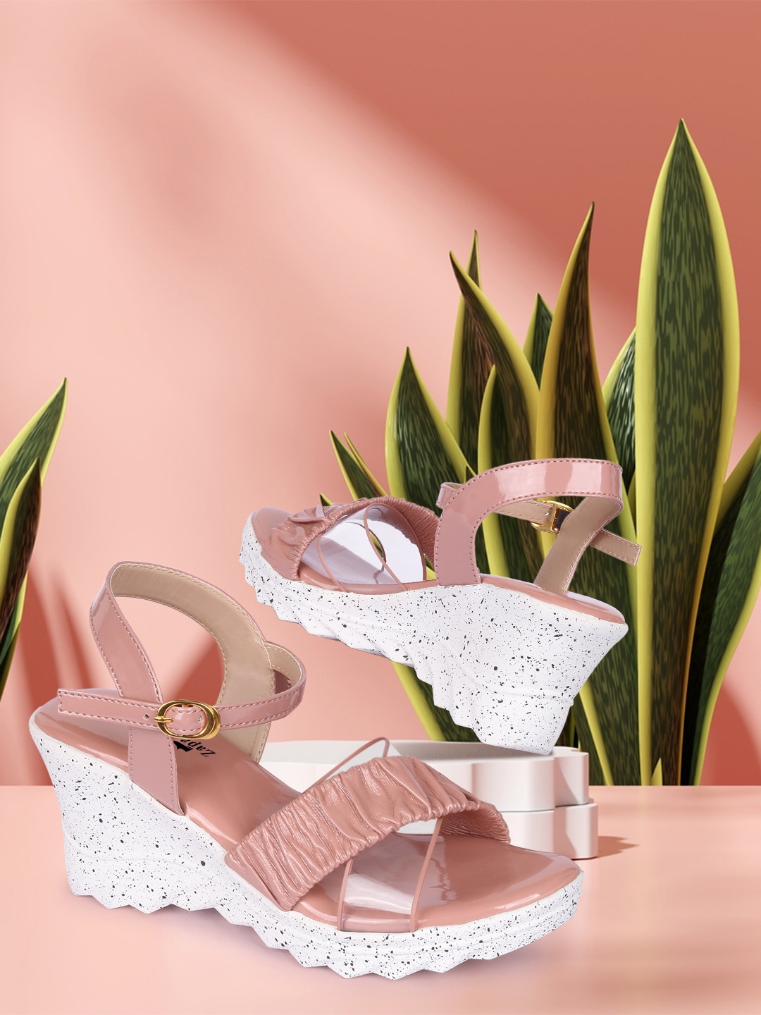 

ZAPATOZ Pink Textured PU Wedge Sandals