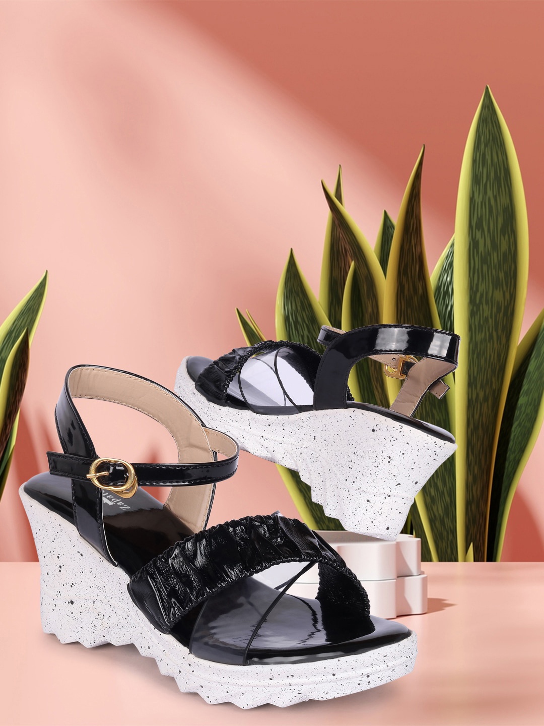 

ZAPATOZ Black Textured Wedge Heels with Buckles