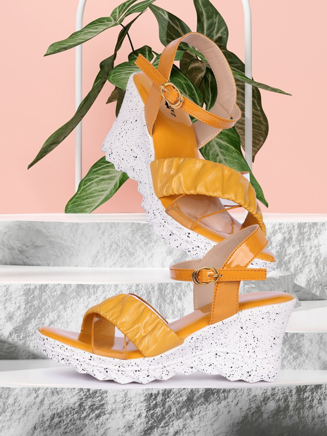 

ZAPATOZ Yellow Textured PU Wedge Pumps With Buckles