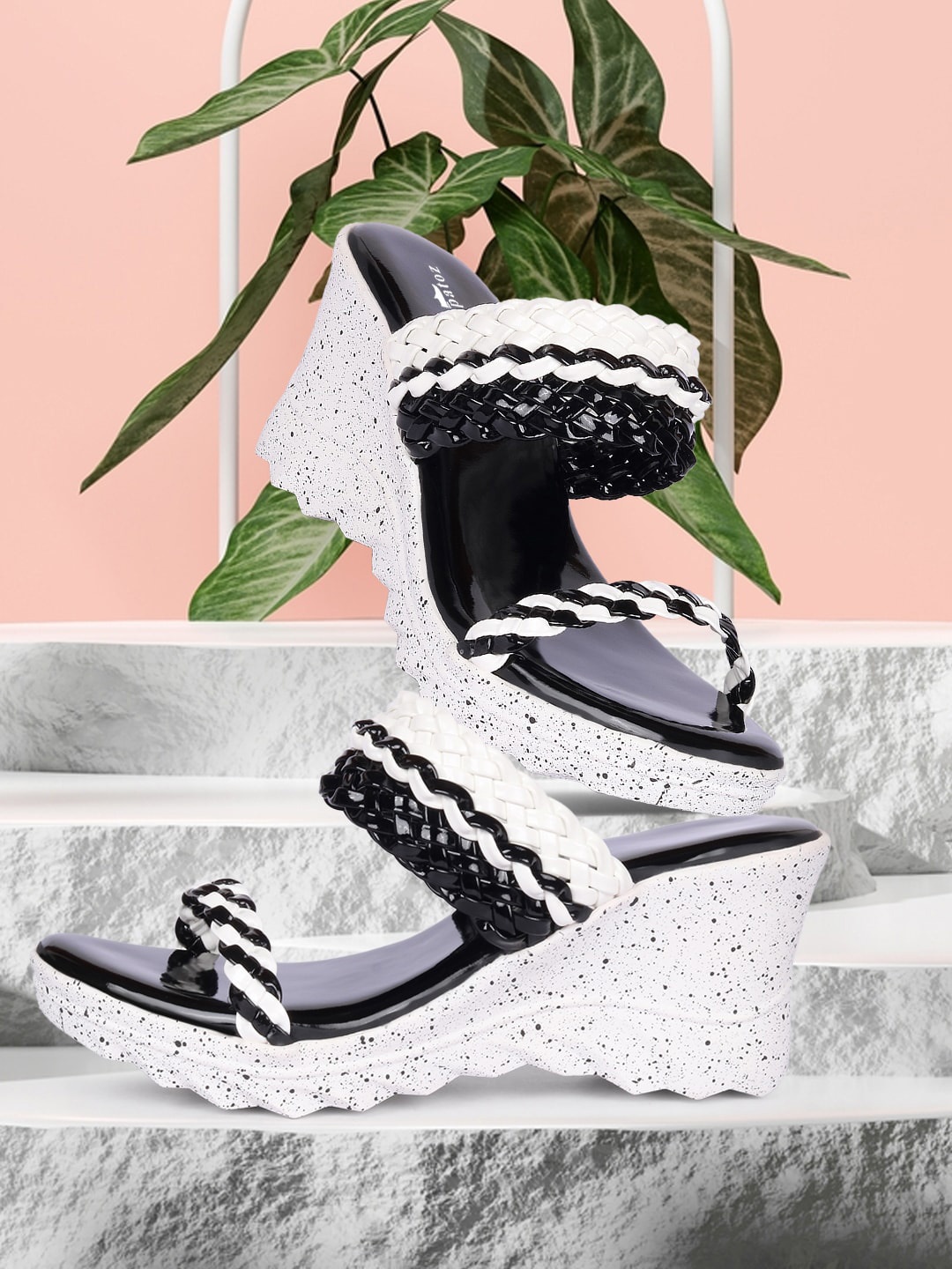 

ZAPATOZ Woman Black & White Printed PU Wedge Pumps