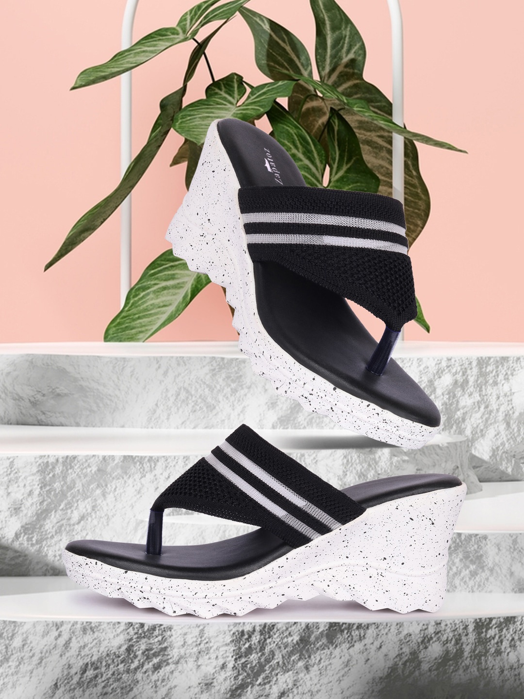 

ZAPATOZ Black & White Self Design PU Wedge Heels