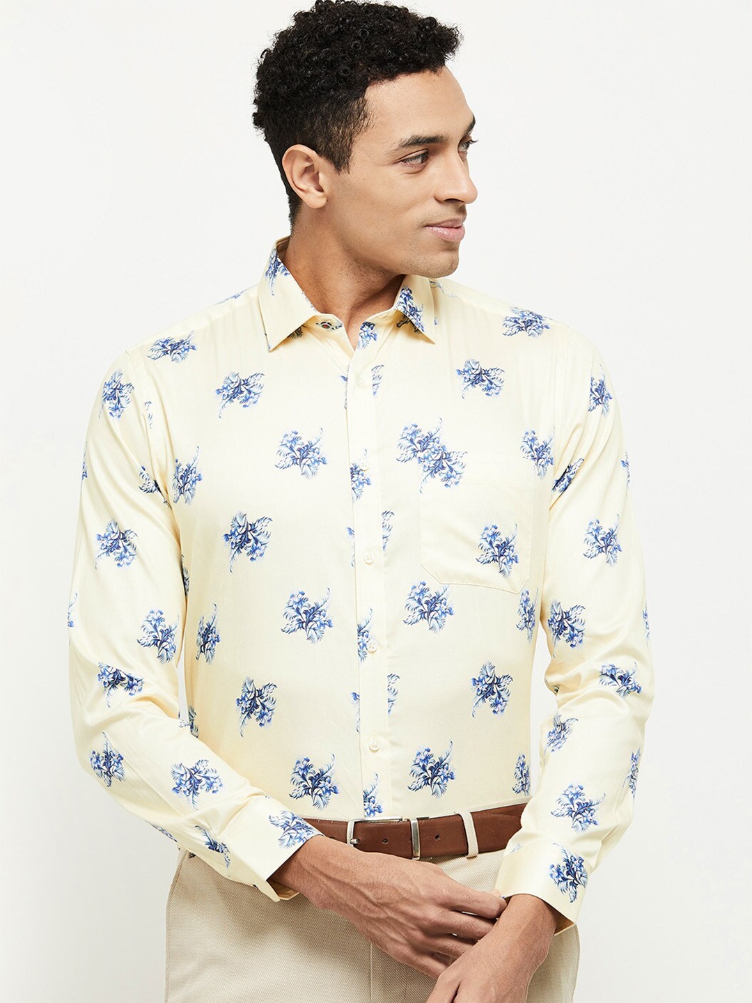 

max Men Yellow Floral Printed Formal Regular Fit Cotton Shirt
