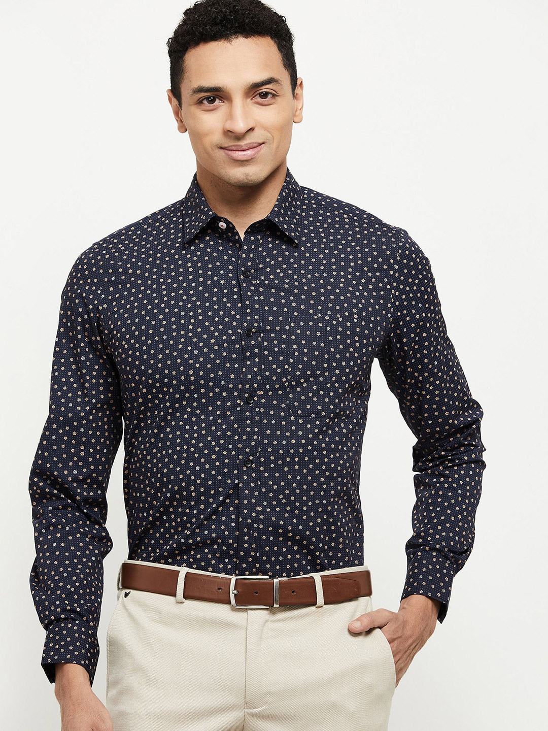 

max Men Navy Blue Printed Cotton Formal Shirt