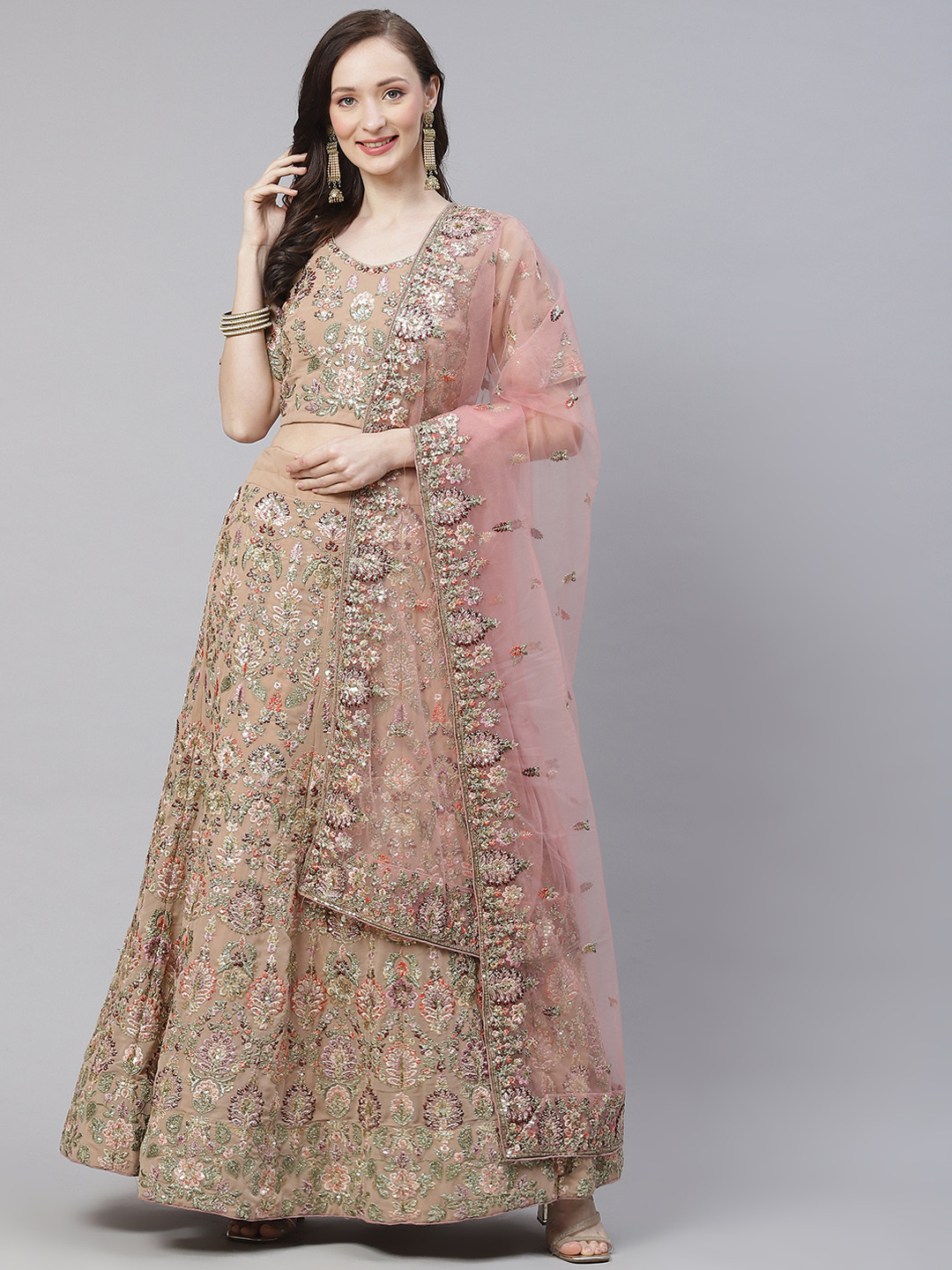 

Readiprint Fashions Beige & Pink Embroidered Sequinned Semi-Stitched Lehenga & Unstitched Blouse With