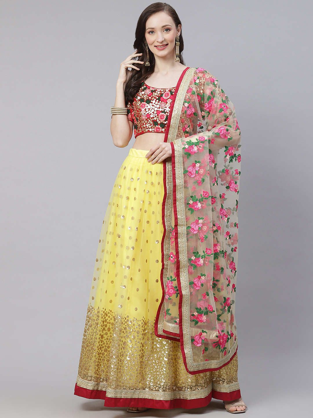 

Readiprint Fashions Yellow & Pink Embroidered Sequinned Semi-Stitched Lehenga & Unstitched Blouse With