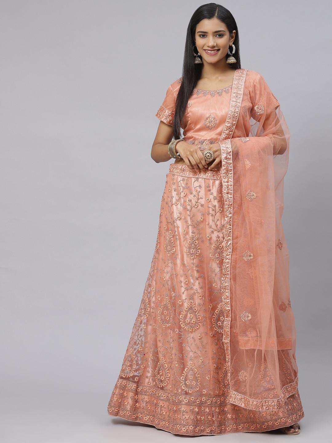 

Readiprint Fashions Peach-Coloured Embroidered Semi-Stitched Lehenga & Unstitched Blouse With Dupatta