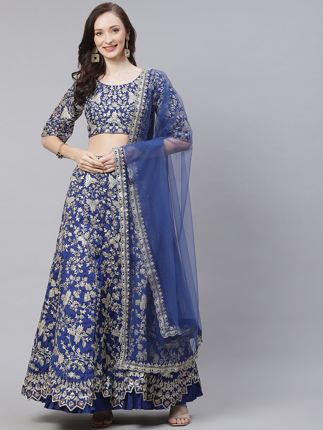 

Readiprint Fashions Blue Embroidered Semi-Stitched Lehenga & Unstitched Blouse With Dupatta