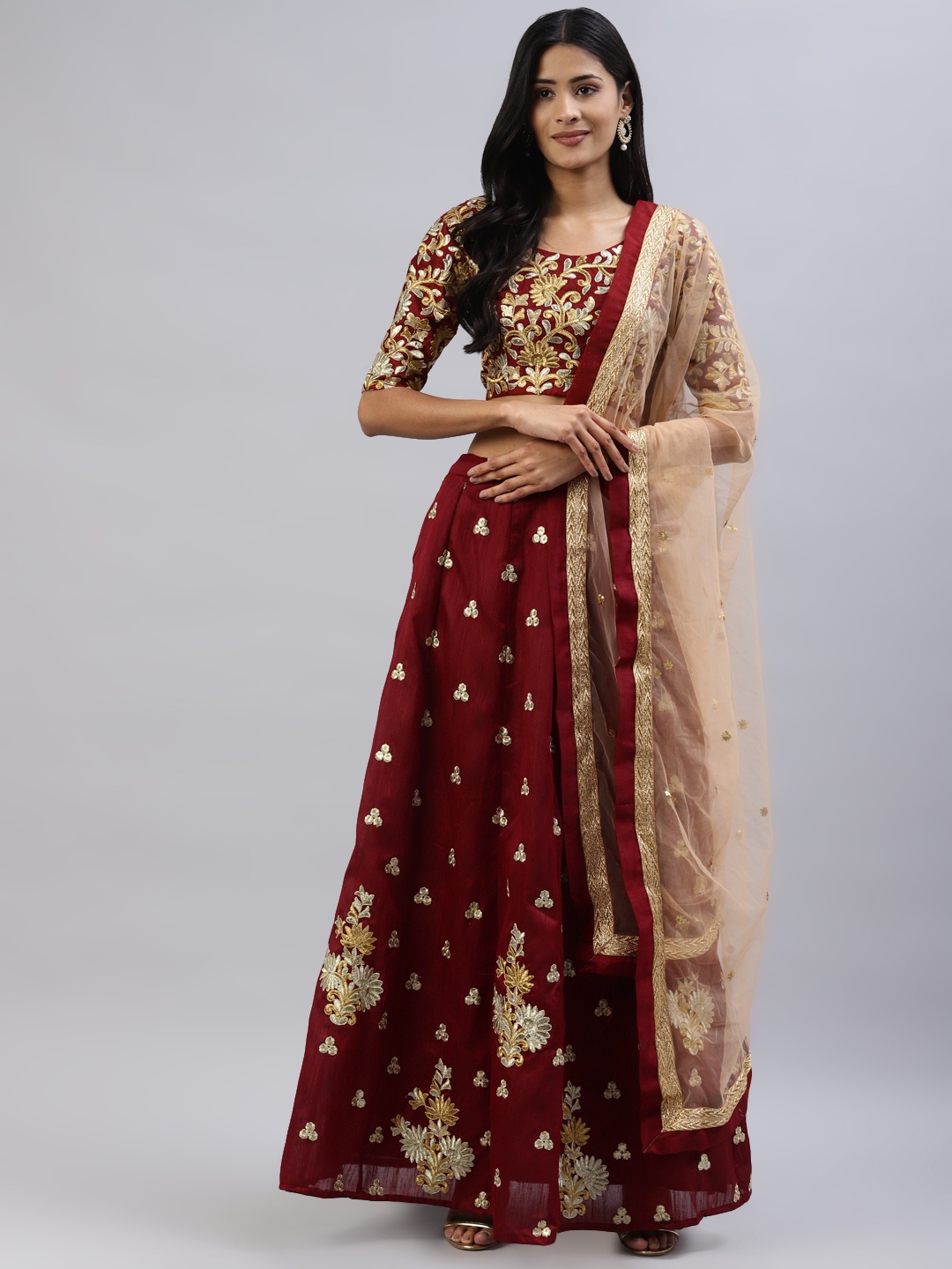 

Readiprint Fashions Women Maroon & Beige Embroidered Lehenga & Choli With Dupatta