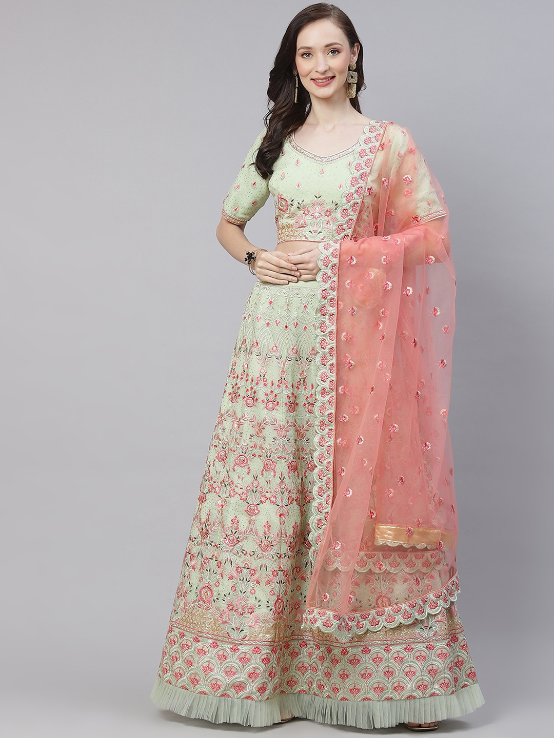

Readiprint Fashions Green & Pink Embroidered Beads and Stones Semi-Stitched Lehenga & Unstitched Blouse With