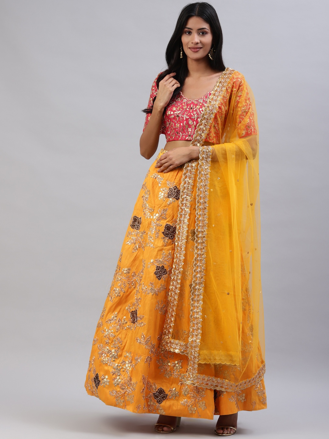 

Readiprint Fashions Women Yellow & Red Embroidered Lehenga & Choli With Dupatta