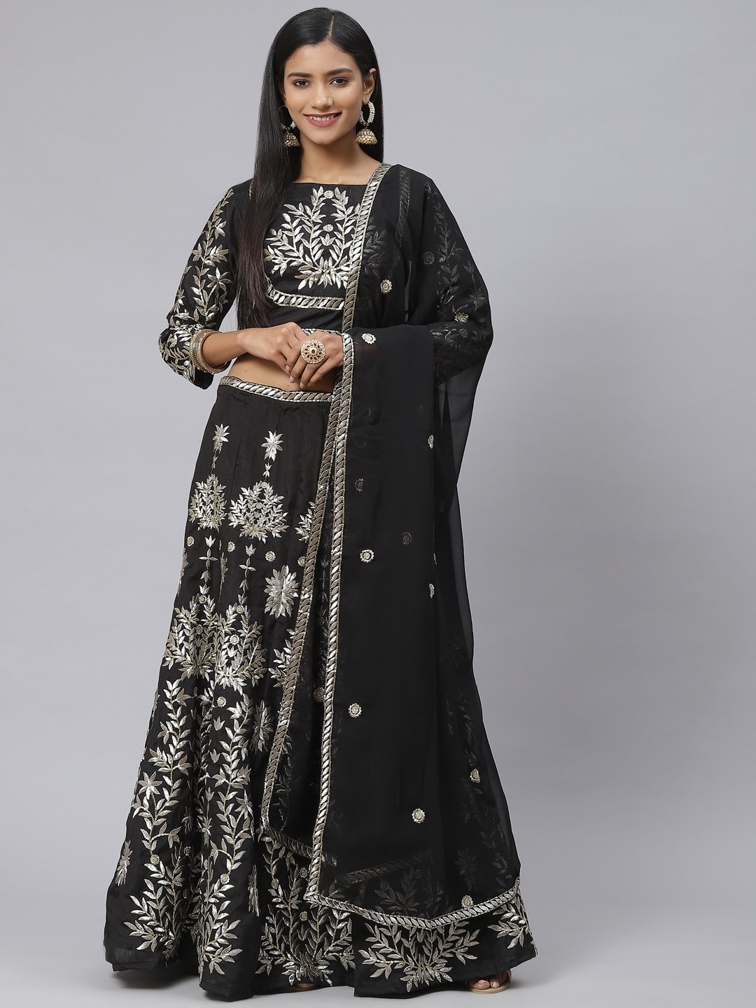 

Readiprint Fashions Black & Silver-Toned Embroidered Semi-Stitched Lehenga & Unstitched Blouse With Dupatta