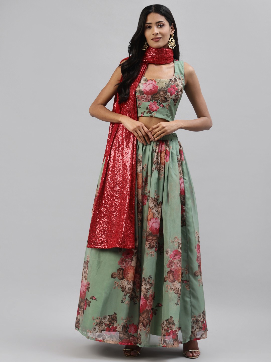 

Readiprint Fashions Green & Red Printed Sequinned Semi-Stitched Lehenga & Unstitched Blouse With Dupatta
